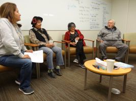 Fluent Ahtna Language Speakers with UAF Linguist, (left) Irene Pedersen from Cantwell, Charlie Hubbard from Cantwell, Jeanie Maxim from Gulkana and Dr. Siri Tuttle who teachers at the University of Alaska, Fairbanks who teaches in Athabaskan