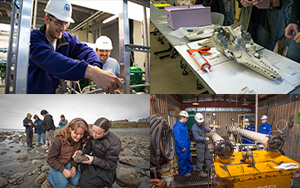 Two photos of students working on heavy equipment, one photo of students stuyding on a beach, one photo of students studying a large whale jaw